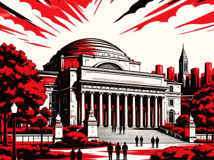 Illustration in red, white, and black of the Columbia University campus.