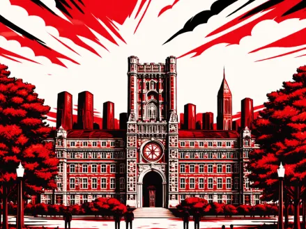 Illustration in red, white, and black of the Fordham University campus.