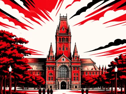 Illustration in red, white, and black of the Harvard University campus.