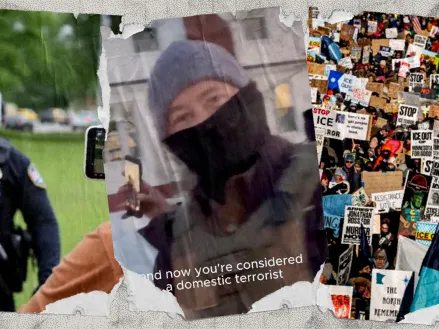 Collage of protesters and ICE agents for FIRE lawsuit.