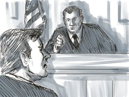 Pencil and ink sketch of a courtroom with judge speaking from the bench (Image via Shutterstock.com)