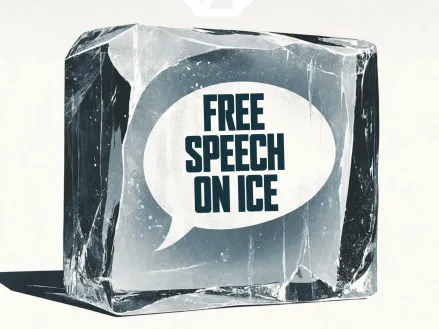 Illustration of a block of ice with the words "Free speech on ice" written in a speech bubble on the side.