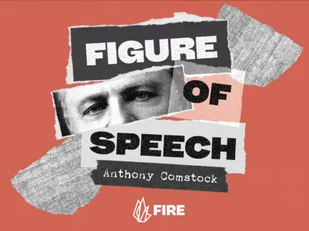 Collage showing the eyes of Anthony Comstock next to the words "Figures of Speech"