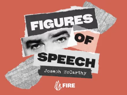 Collage showing the eyes of Senator Joseph McCarthy next to the words "Figures of Speech"
