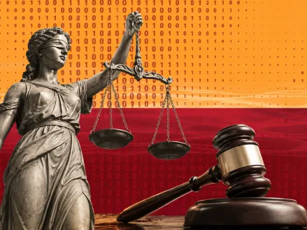 Illustrated collage showing a statue of justice and gavel against a red and gold background with binary code faintly visible, indicating digital technology and artificial intelligence.