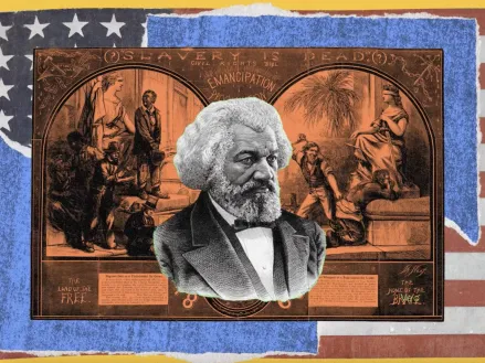Collage showing Frederick Douglass in front of the USA flag