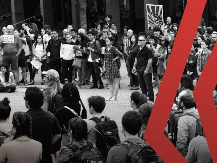 Photo collage showing college students in black and white engaged in protest with red stripes on the right side