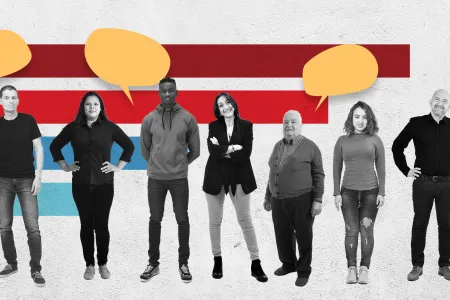 People standing in a line with speech bubbles above their heads