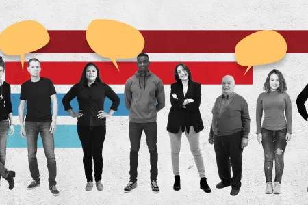 People standing in a line with speech bubbles above their heads