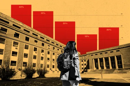 Photo collage showing a student wearing a backpack in black and white against a yellow-tinted background of college buildings and bar graphs