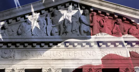 Digital composite of the Supreme Court Building and American flag