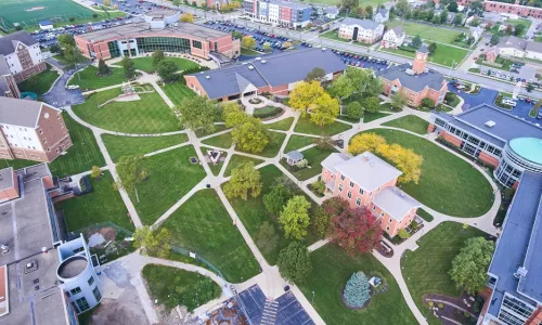 Aerial of grounds of college campus 