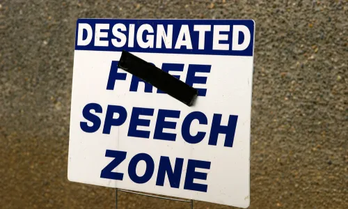 Sign reading "Designated Free Speech Zone" with "Free" crossed out.
