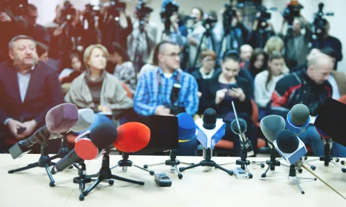 Press conference with journalists press and media 