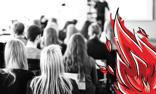 Black and white image of students in a classroom with a flame illustration