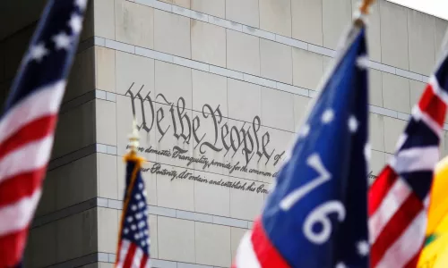 Historic American flags are flown to commemorate Flag Day at the National Constitution Center in Philadelphia 