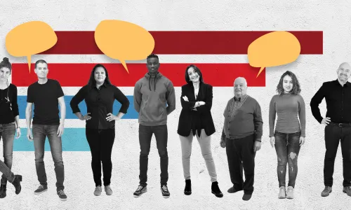People standing in a line with speech bubbles above their heads
