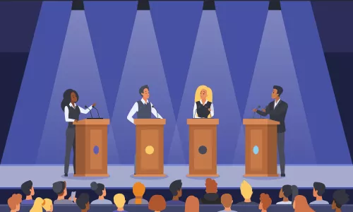 Vector image of cartoon politicians on stage talking in front of audience