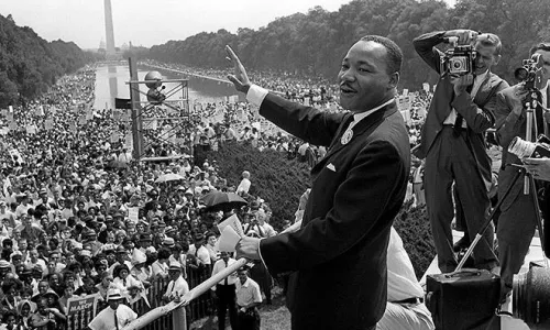 Martin Luther King Jr overlooking the National Mall during the March on Washington in 1963