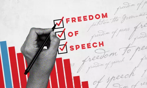 Bar graphs on a sheet of paper with a hand writing "Freedom of Speech"