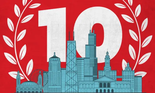 Illustration of Chicago skyline flanked by laurels and the number 10, indicating the 10th anniversary of the Chicago Statement.