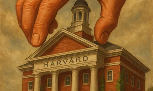 Giant hand reaches for Harvard Hall