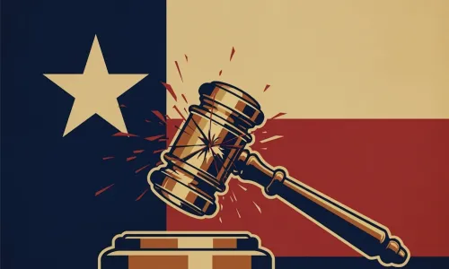 Gavel cracking in front of Texas flag