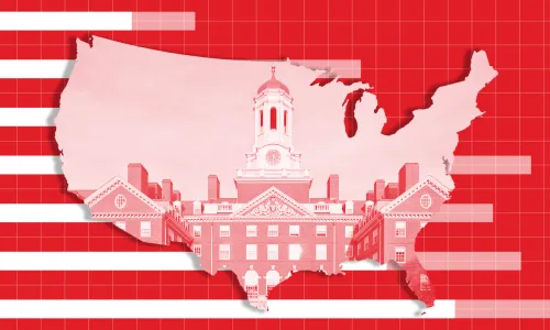 Illustration of the continental U.S. with a college building overlaid and bar graphs in the background, indicating this is a report.