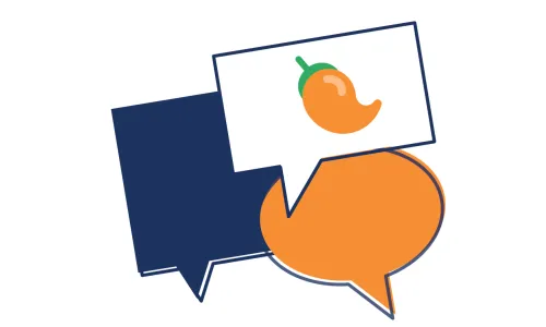 Speech bubbles and a sign with a chili pepper on it
