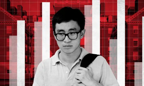 Graphic with a college student in the foreground with bar graphs in the background