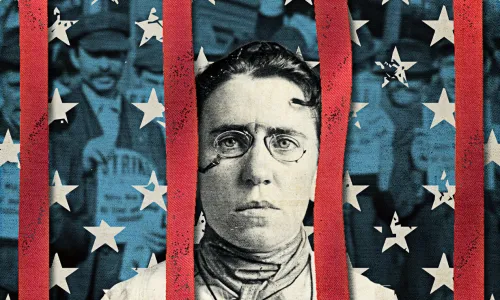 Collage of publisher Emma Goldman behind bars that look like the American flag
