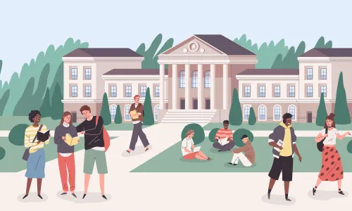 Illustration of college students walking on campus