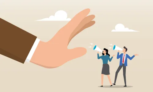 Illustration of people shouting into a megaphone but denied by giant hand freedom of speech censorship