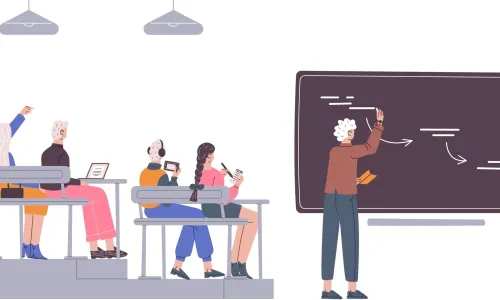 Illustration of students sitting on university lecture hall with a professor writing on a blackboard