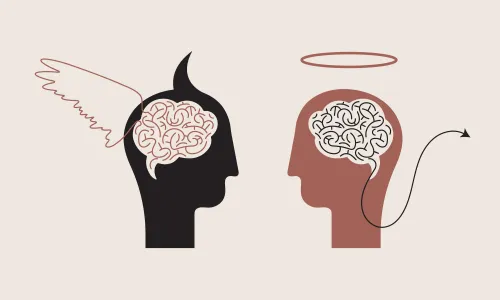 Illustration of two heads, one with devil wings and another with a halo, indicating good and evil, freedom of conscience.