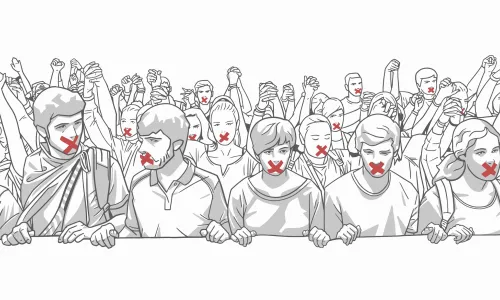 Illustration of crowd protesting with red tape on their mouths