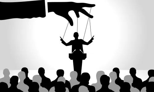 Illustration of a speaker as a puppet being compelled to speak