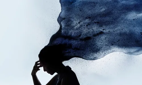 Stressed Woman Silhouette cloud of distress inside her Head