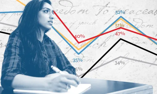 Blue-tinted image of a young female college student in the foreground with line graphs in the background