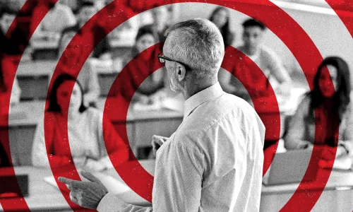 Scholars Under Fire 2025 report cover showing a teacher and student in black and white with a red bullseye target over the teacher