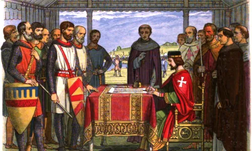 A romanticised 19th-century recreation of King John signing Magna Carta