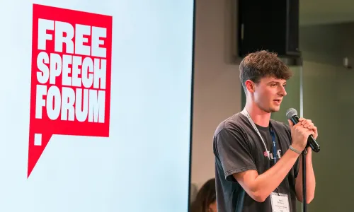 FIRE staffer Jack Povilaitis speaks at the 2025 Free Speech Forum at American University in Washington DC