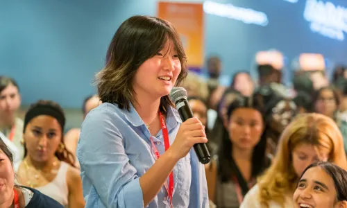 Student speaks into microphone at 2026 Free Speech Forum