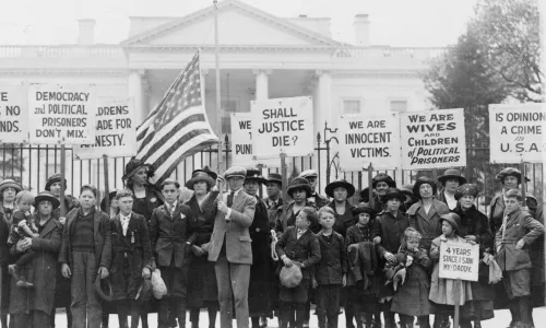 Photograph taken on April 29, 1922 of a group of children at the White House who have come to appeal to President Woodrow Wilson for the release of political prisoners.
