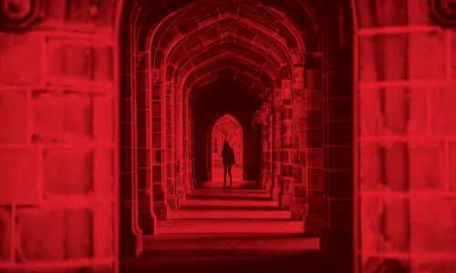 Archways on a college campus photographed with a red filter