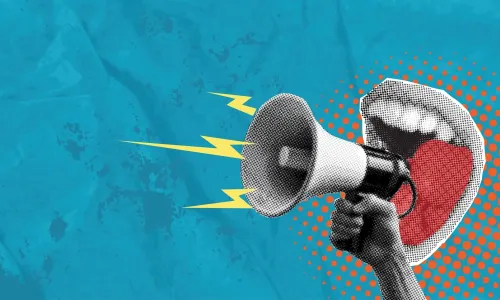 Hand with a megaphone and open mouth on a blue background halftone pop art collage