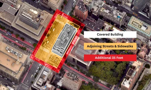 Map showing how large proposed "buffer zones" will be if New York passes a new protest law