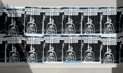 Images of posters at reading Penn State "Dead ICE Agents Cant Kill"