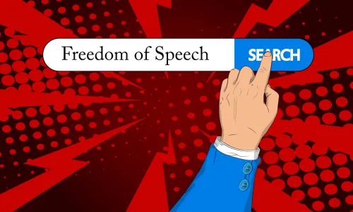 Search bar with text Freedom of Speech and right hand index finger touching search icon.