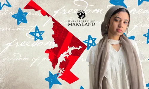 Young woman juxtaposed with a map of Maryland